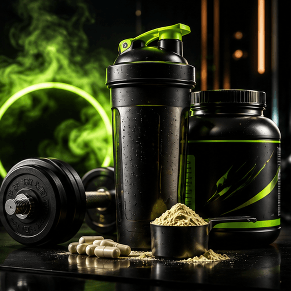 Supplement bottles and fitness product visual for AI supplement advisor